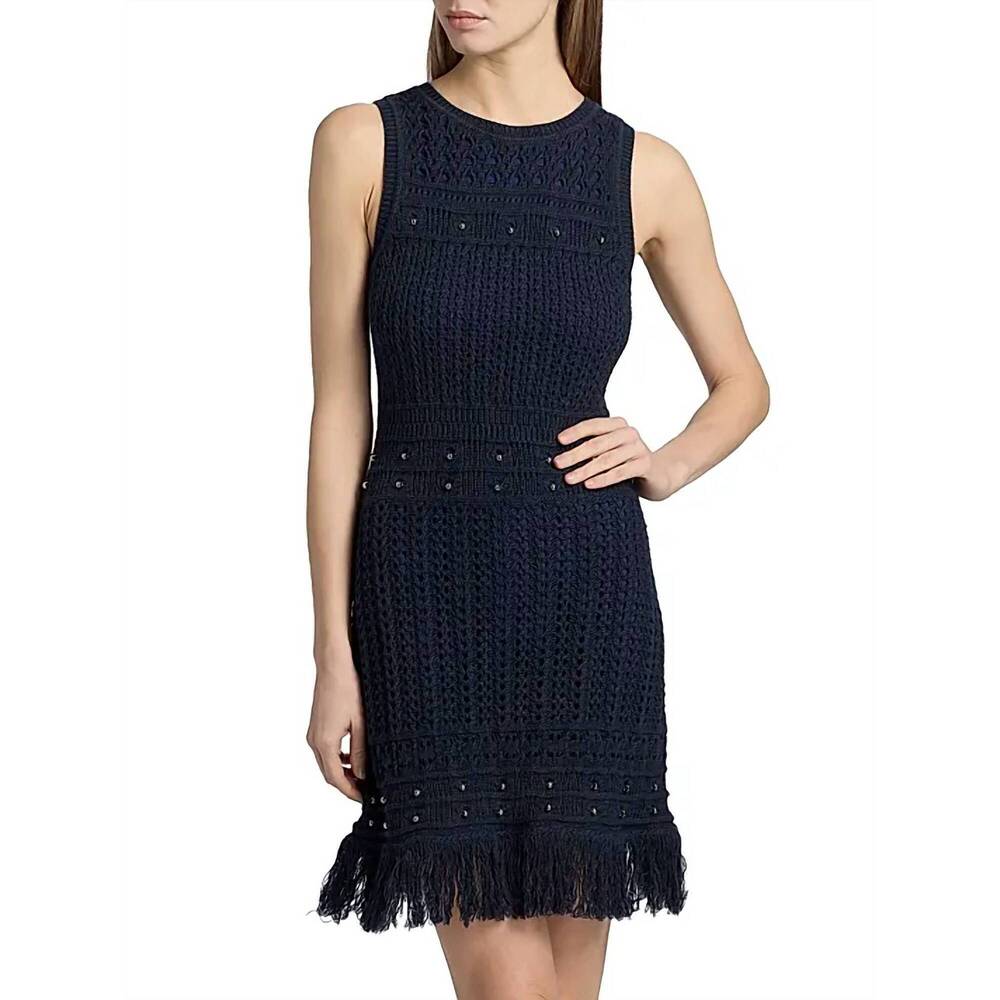 NEW MILLY beaded fringe knit shell dress in navy